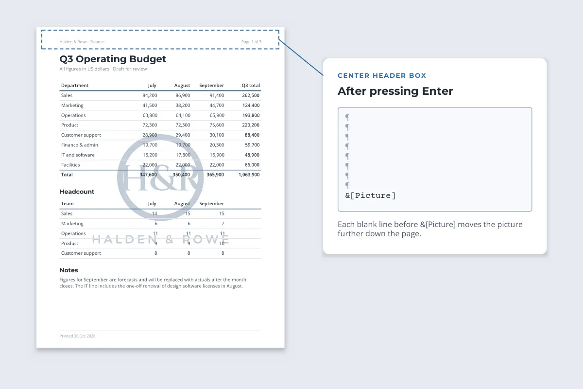 The same page with the logo moved down to the middle of the table, next to a card showing eight blank lines before &[Picture] in the header box
