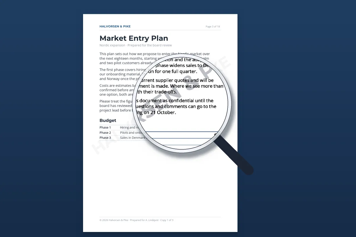 A business plan page with a barely visible diagonal HALVORSEN & PIKE watermark, and a magnifying glass that boosts the contrast so the mark shows clearly