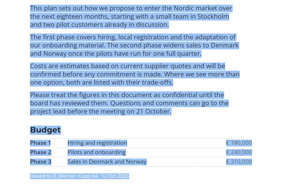 The same page with all text selected, revealing a hidden white line below the table that reads Issued to D. Mercer, Copy 04, 12 Oct 2026