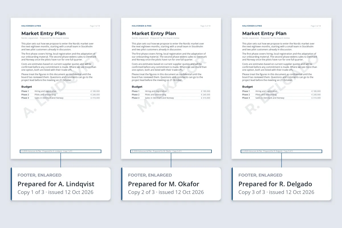 Three copies of the same business plan page, each with a faint diagonal recipient name and a footer reading Prepared for A. Lindqvist, M. Okafor or R. Delgado, with the footers enlarged below