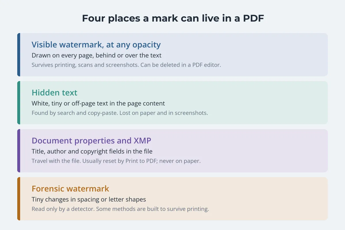 A diagram of four places a mark can live in a PDF: a visible watermark, hidden text, document properties and XMP metadata, and a forensic watermark, with what each one survives