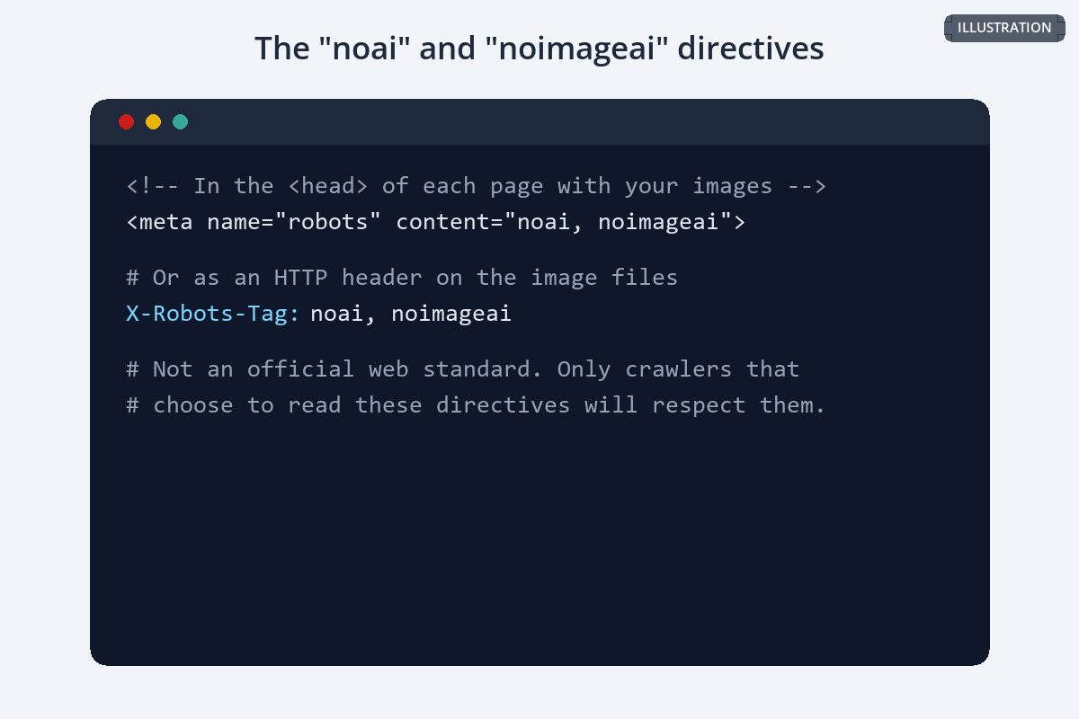 Code showing the noai and noimageai directives as a robots meta tag and as an X-Robots-Tag header