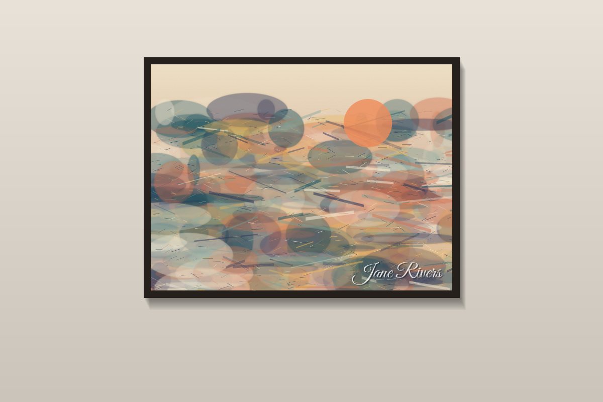 A framed abstract painting in warm and teal tones hanging on a wall, with a small script signature watermark in its lower right corner