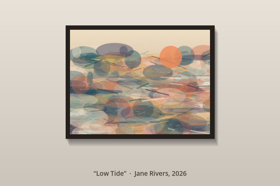 The painting shown framed on a wall with a caption below reading Low Tide, Jane Rivers, 2026
