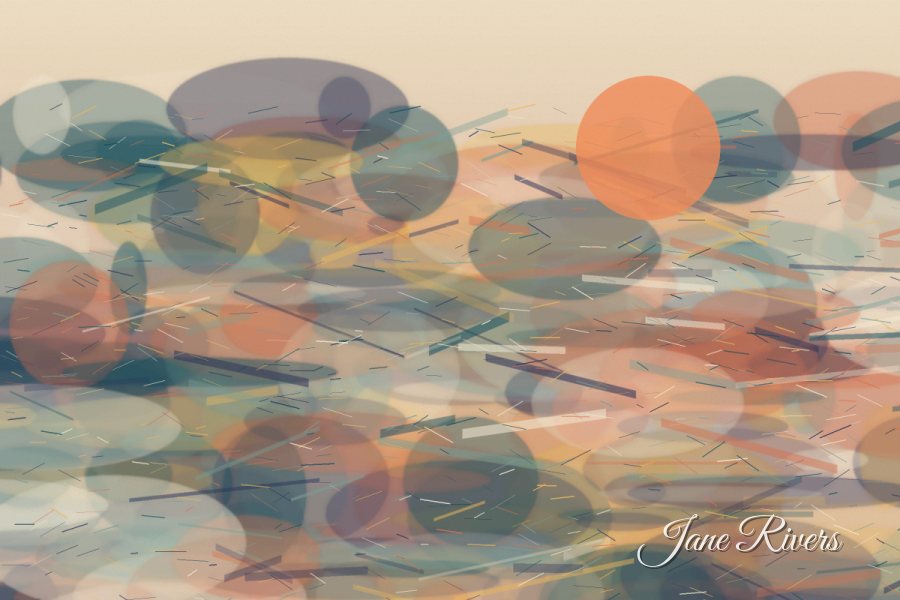 The abstract painting with a small script signature in the lower right corner
