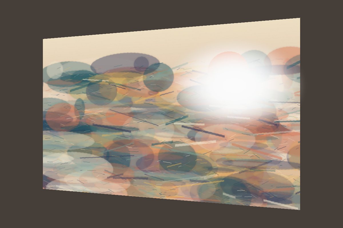 An abstract painting photographed at an angle, with a bright glare patch on the surface