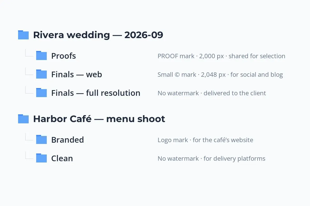 A folder diagram: a wedding folder containing proofs, web finals and full-resolution finals, and a cafe shoot folder containing branded and clean sets