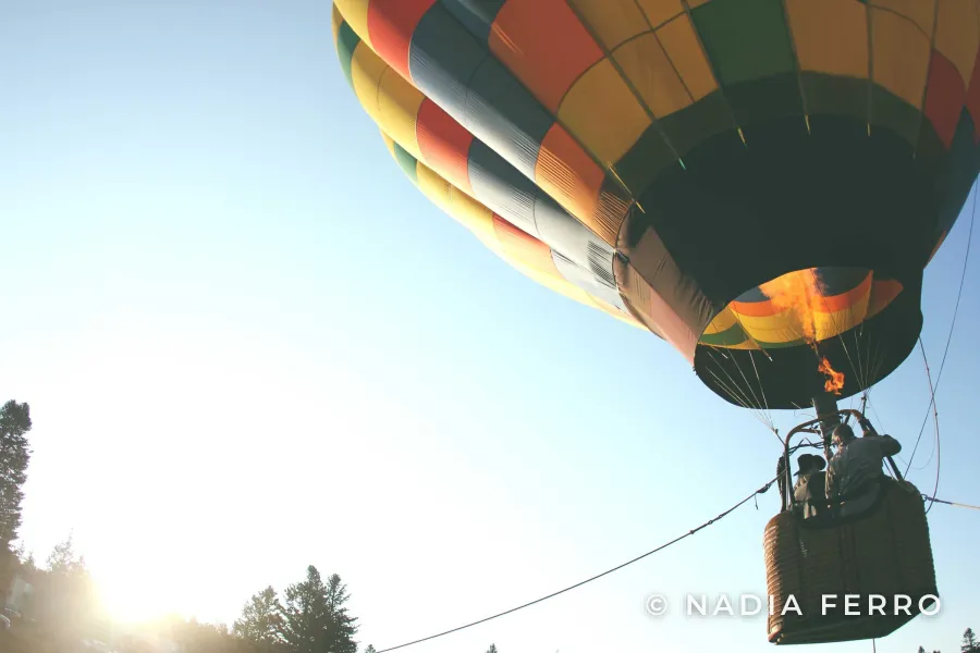 A hot air balloon rising against a pale sky with © NADIA FERRO in small white capitals in the lower right corner