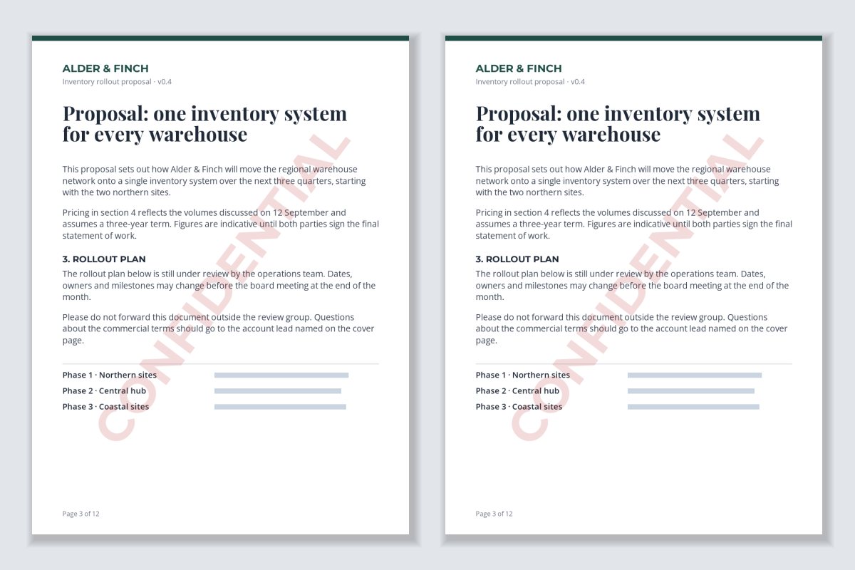 Two pages of a business proposal, each with a faint red CONFIDENTIAL watermark running diagonally across the page