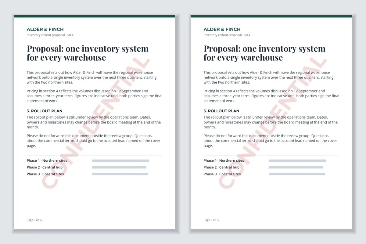 Two pages of a business proposal, each with a faint red CONFIDENTIAL watermark running diagonally across the page