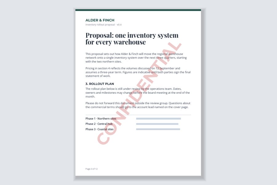 A proposal page with a faint red CONFIDENTIAL label running diagonally across it