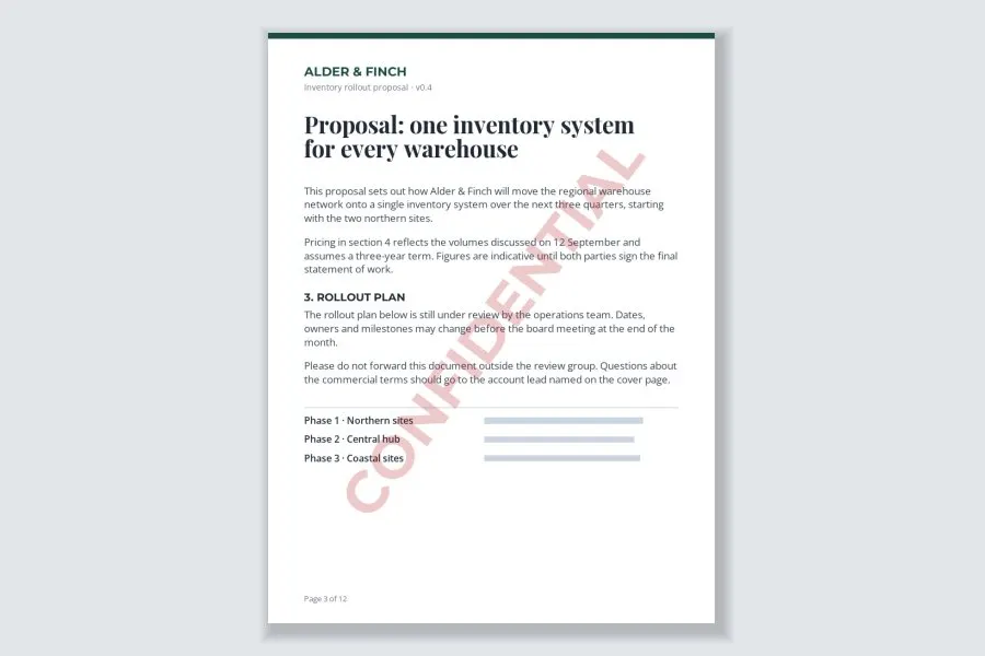 A proposal page with a faint red CONFIDENTIAL label running diagonally across it