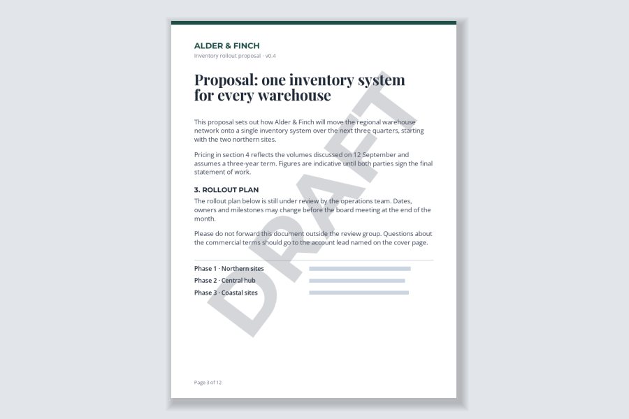 A proposal page with a faint gray DRAFT label running diagonally across it