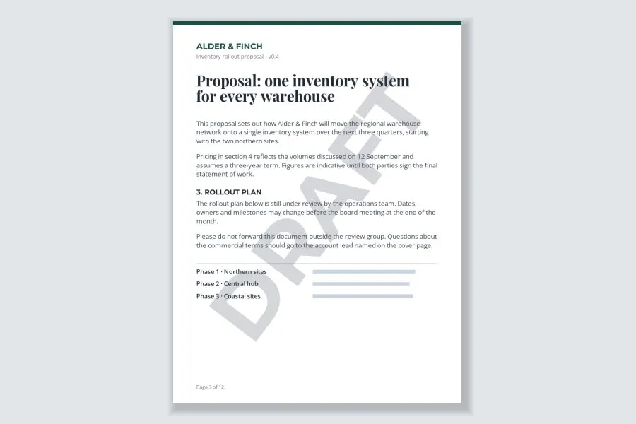 A proposal page with a faint gray DRAFT label running diagonally across it