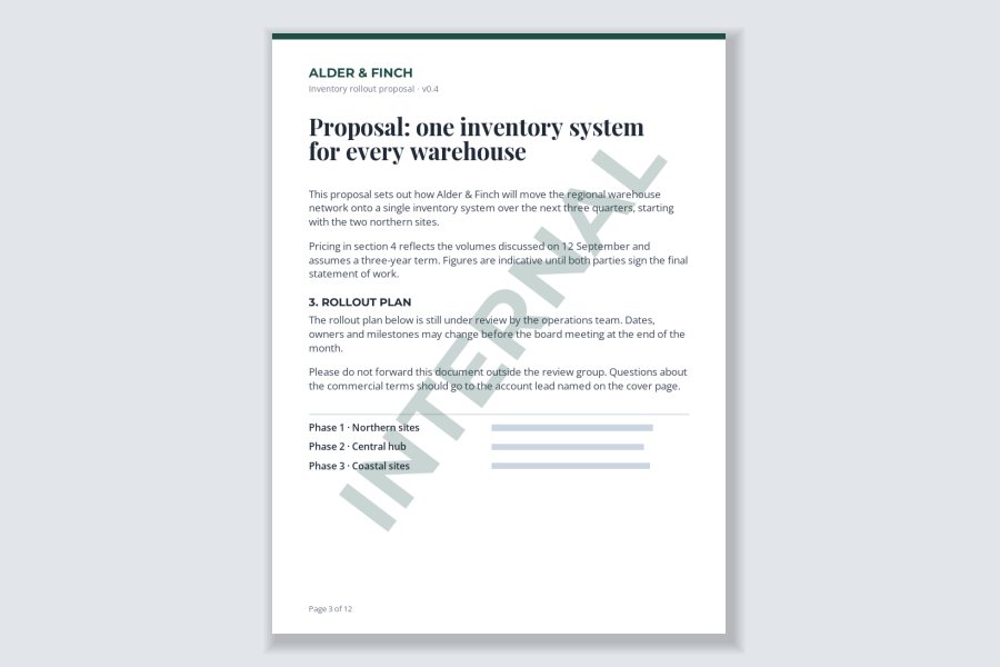 A proposal page with a faint green INTERNAL label running diagonally across it