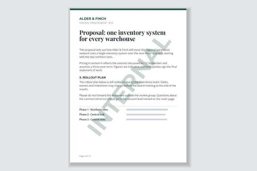 A proposal page with a faint green INTERNAL label running diagonally across it