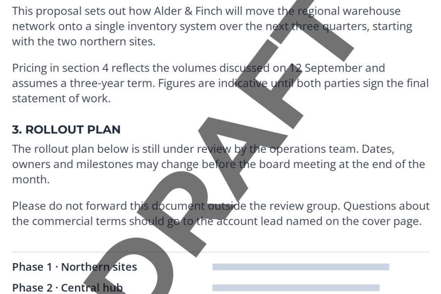 A proposal page with a large, dark DRAFT label that covers and obscures parts of the text