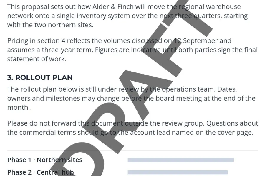 A proposal page with a large, dark DRAFT label that covers and obscures parts of the text