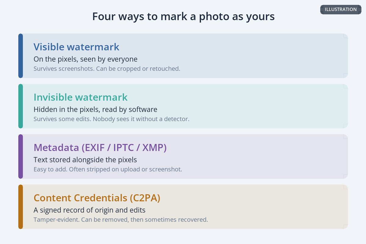 A diagram of four layers: visible watermark, invisible watermark, metadata and Content Credentials, with what each one does