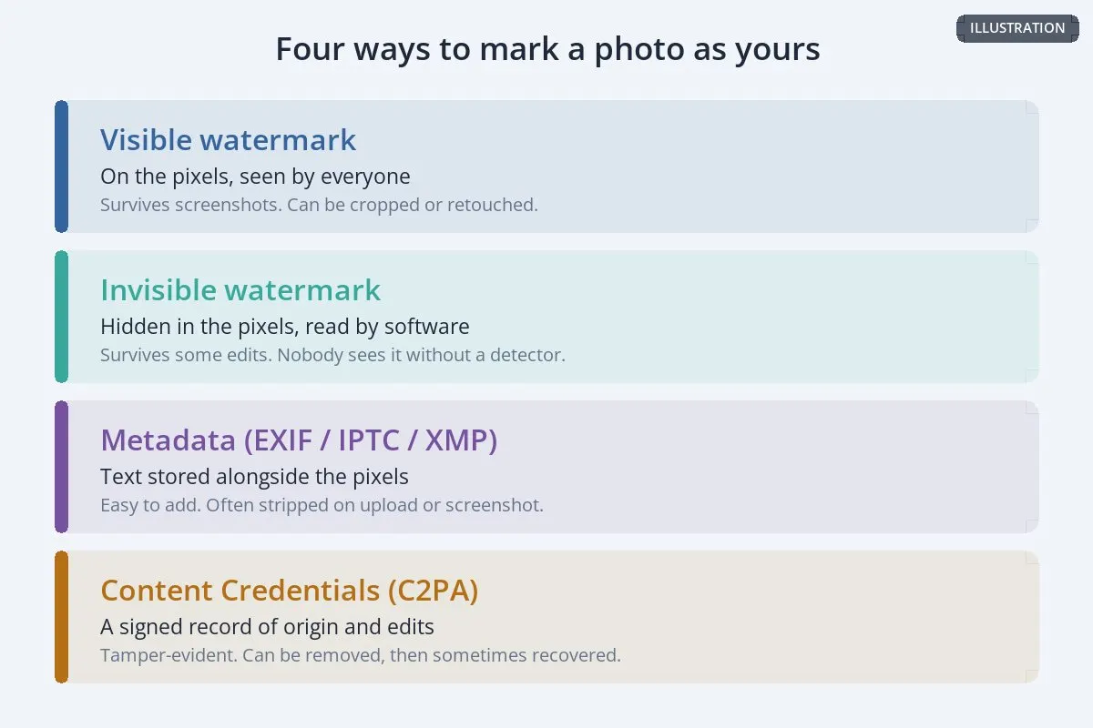 A diagram of four layers: visible watermark, invisible watermark, metadata and Content Credentials, with what each one does