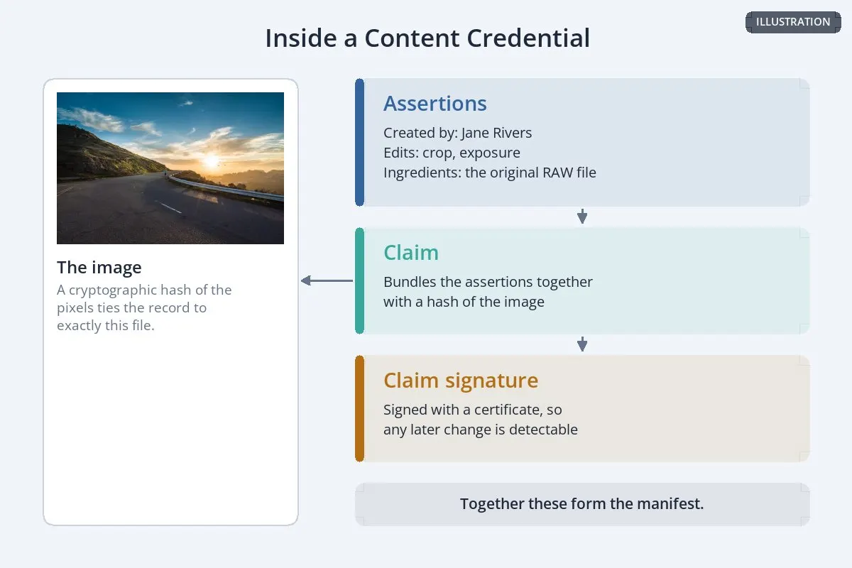 A diagram of a Content Credential: assertions about the image, a claim that bundles them with a hash of the image, and a claim signature