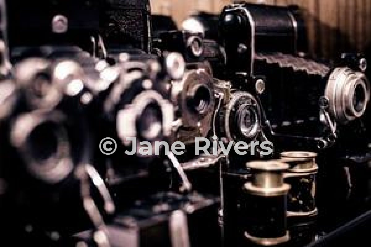 A shelf of vintage cameras with a © Jane Rivers watermark across the photo