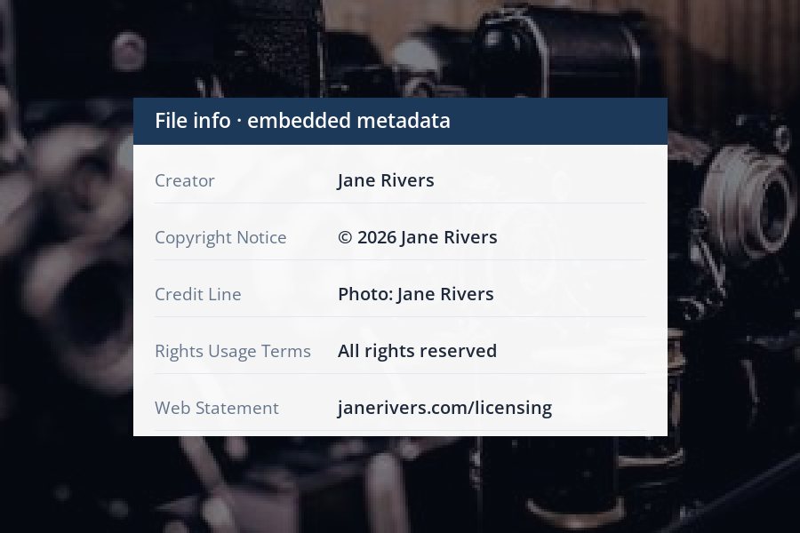 A generic file information panel listing the creator, copyright notice, credit line and usage terms of a photo