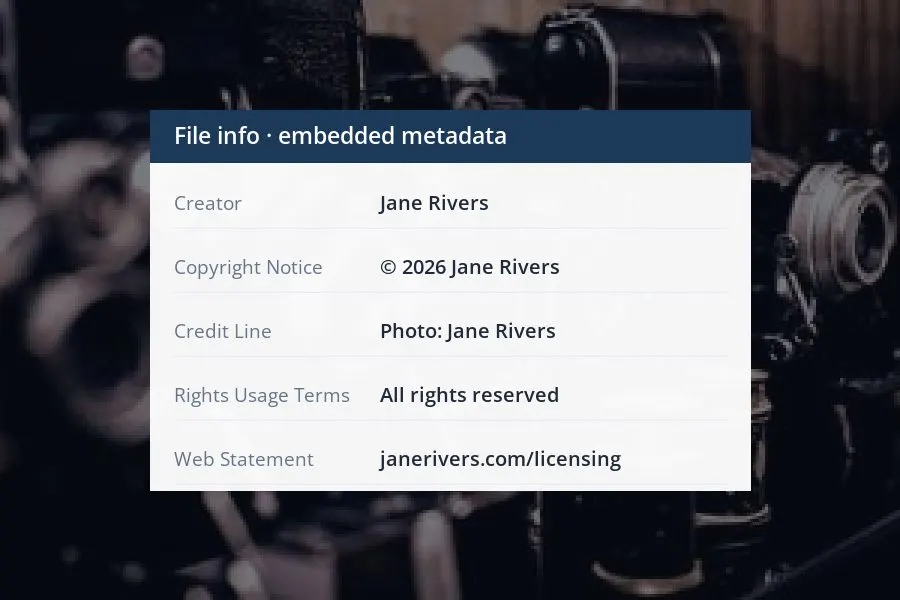 A generic file information panel listing the creator, copyright notice, credit line and usage terms of a photo