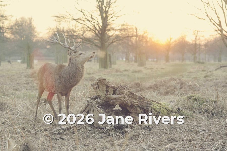 A deer at sunrise with the watermark © 2026 Jane Rivers