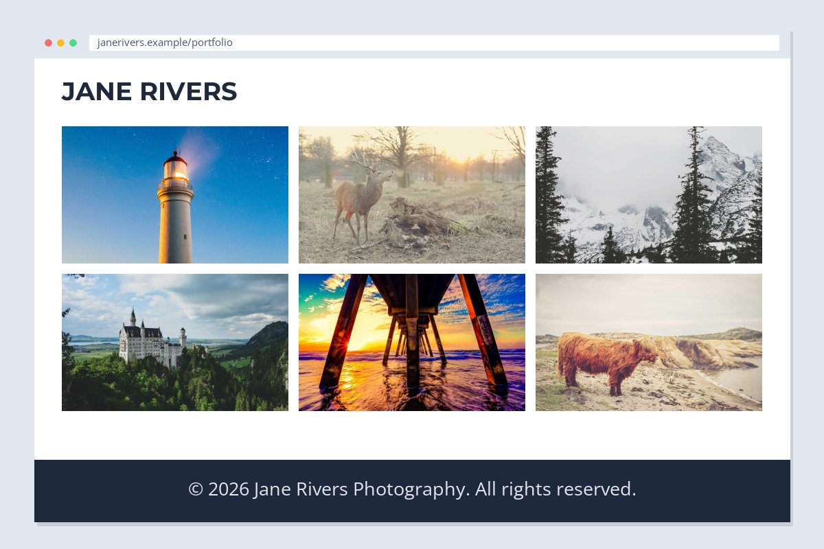 A portfolio web page with a footer reading © 2026 Jane Rivers Photography. All rights reserved.