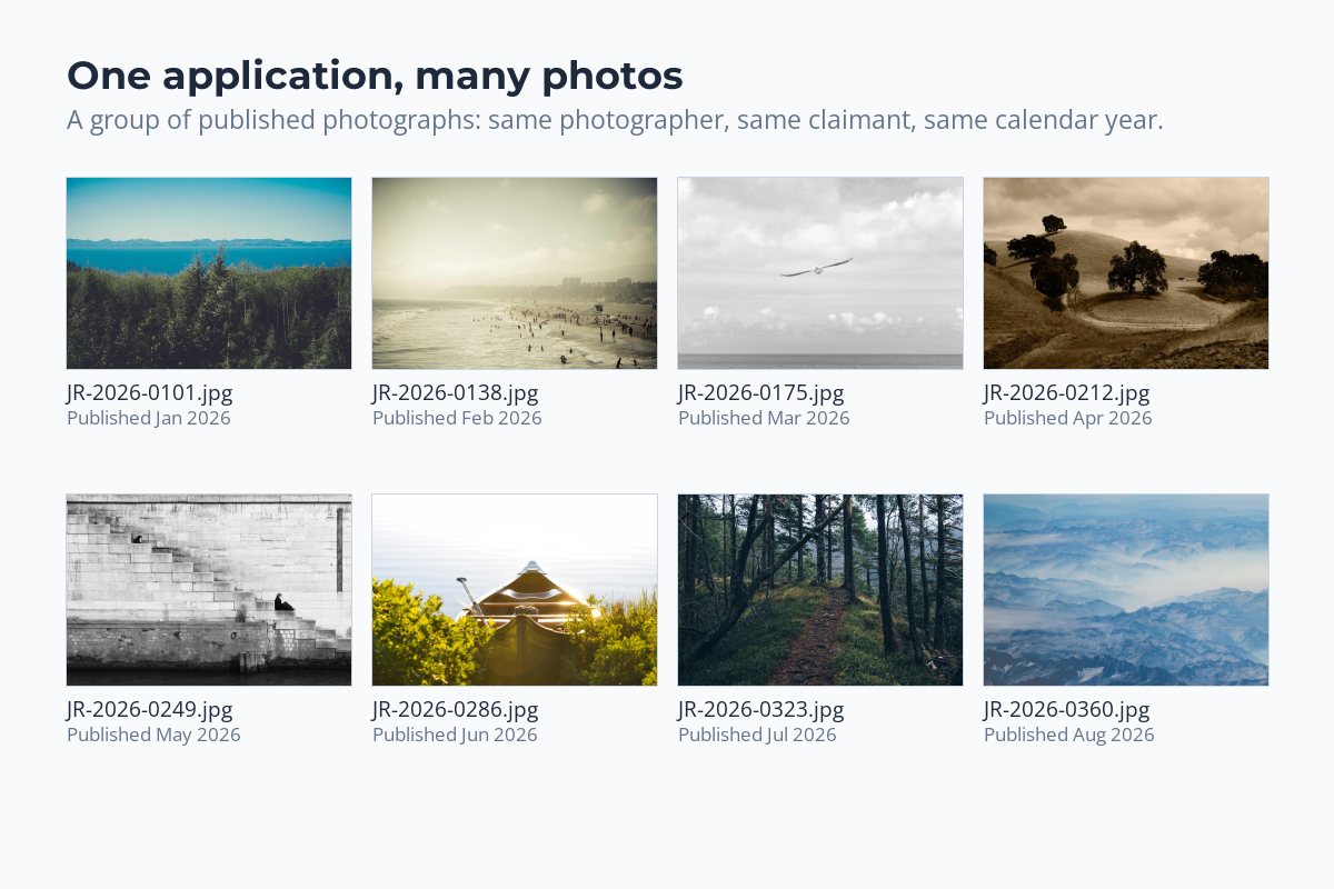 A grid of eight photos with file names and publication months, illustrating a group of photographs registered together