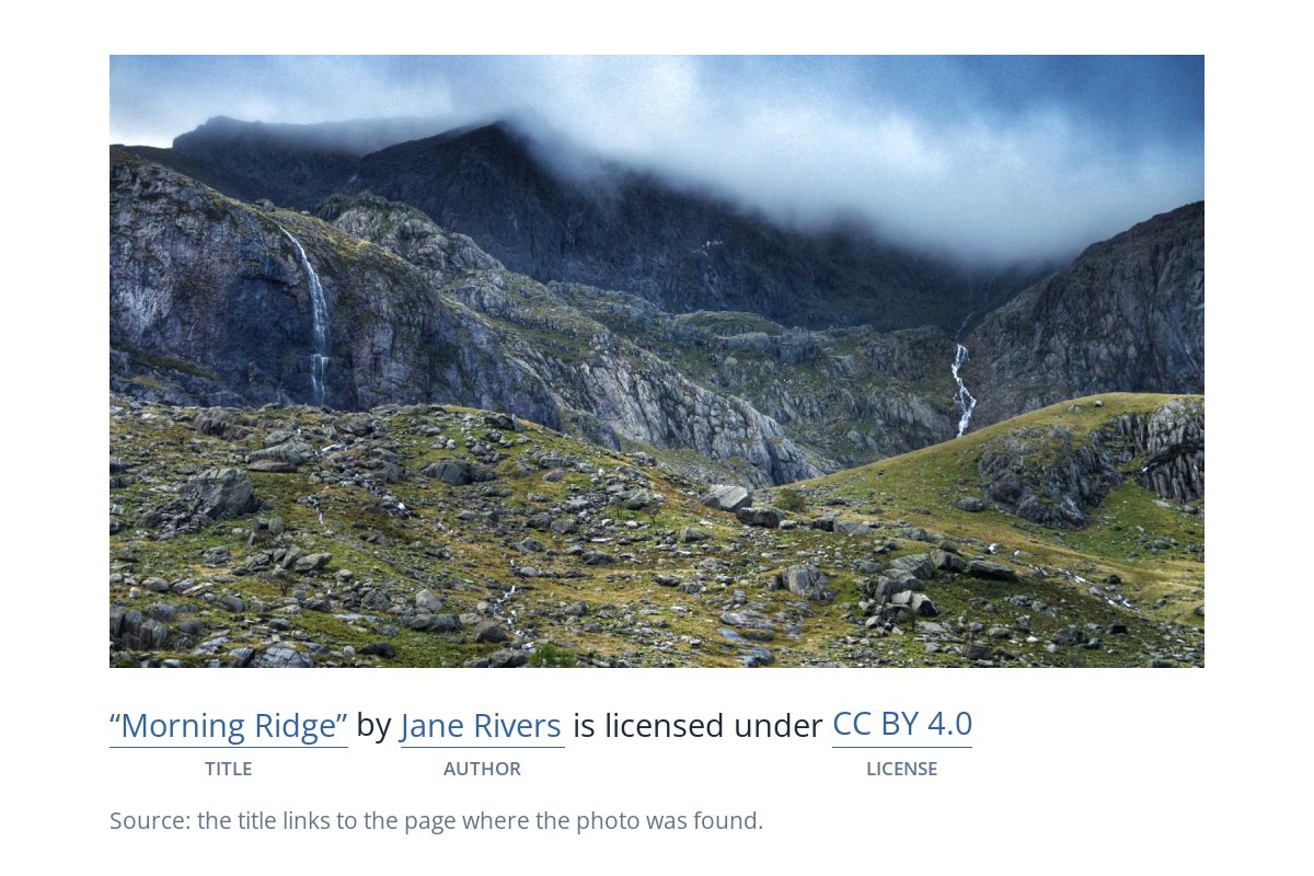 A mountain photo with a credit line underneath reading Morning Ridge by Jane Rivers is licensed under CC BY 4.0, with the title, author and license labeled