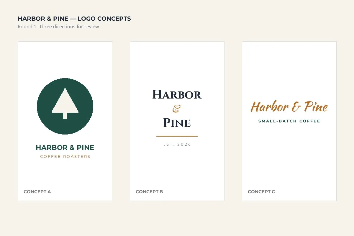 Three logo concepts for a fictional coffee roaster on a plain presentation board with no watermark