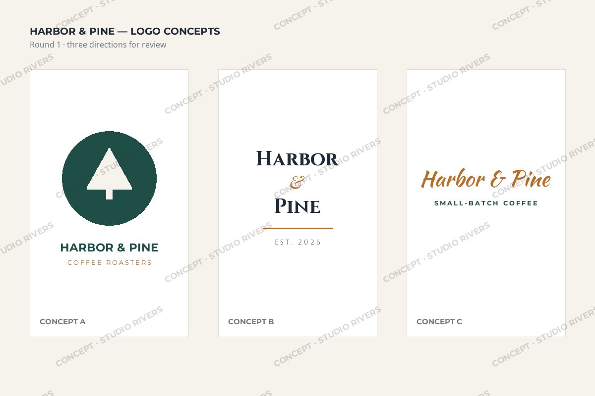 The same logo concept board with a faint CONCEPT · STUDIO RIVERS mark repeated across it