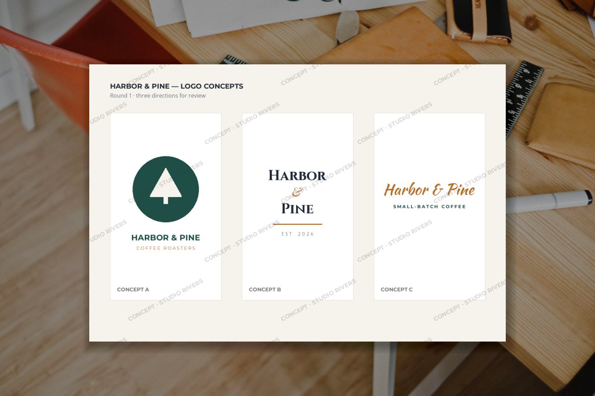 A logo concept board with three concepts for a fictional coffee roaster, marked with a faint repeating CONCEPT · STUDIO RIVERS watermark, on a designer’s desk