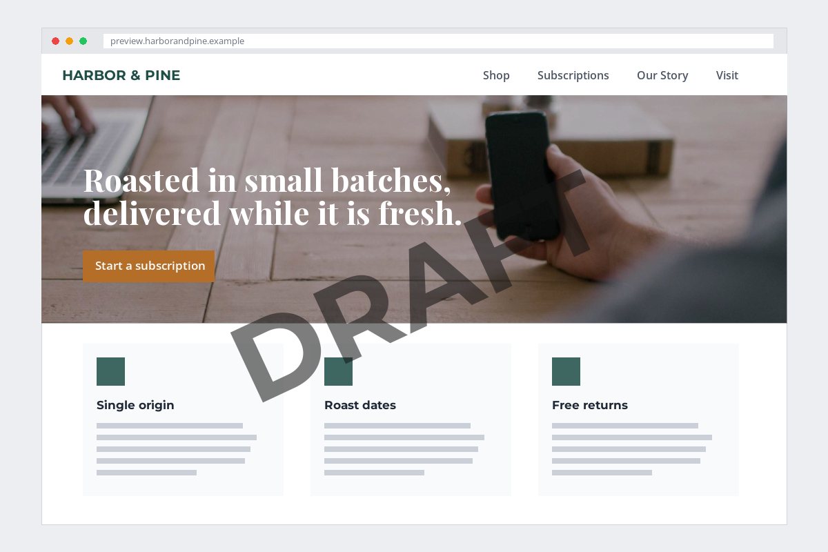 A website homepage mockup with a large dark DRAFT stamped across the hero and feature cards