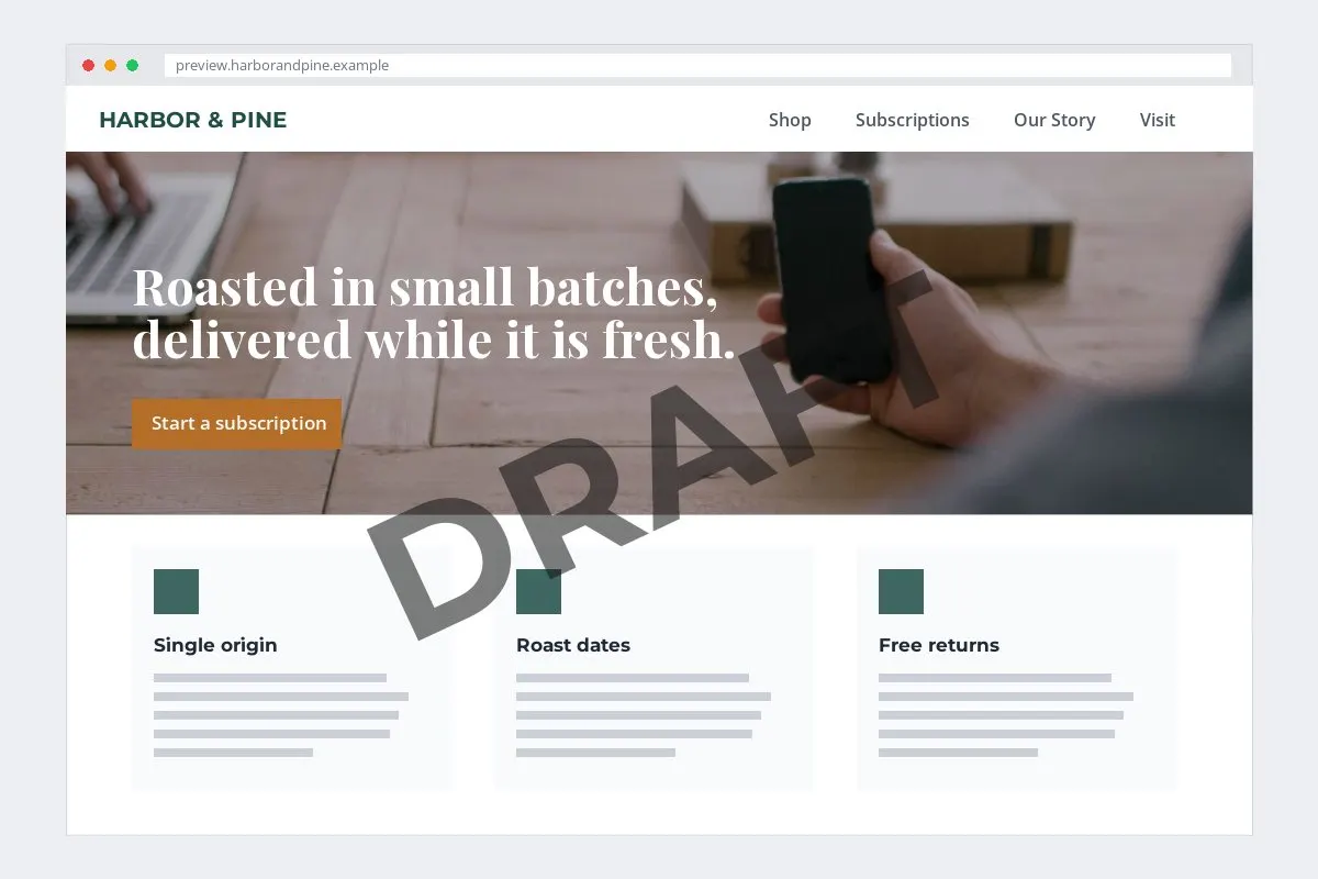 A website homepage mockup with a large dark DRAFT stamped across the hero and feature cards