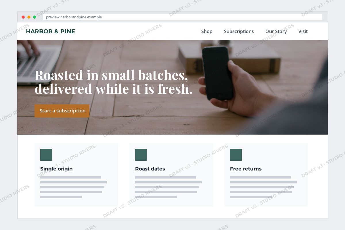 The same homepage mockup with a faint repeated DRAFT v3 · STUDIO RIVERS mark