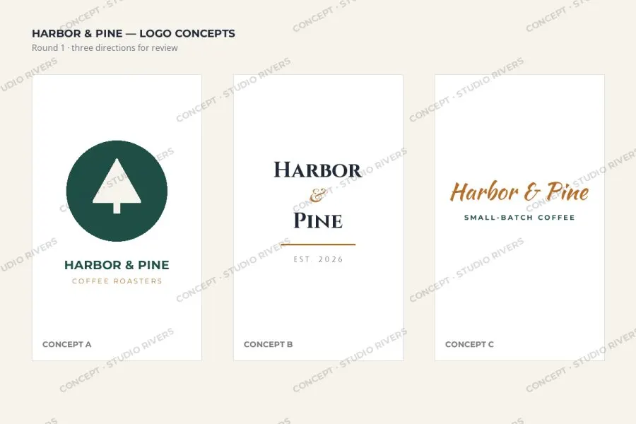 The concept board with a faint repeating studio mark across every concept
