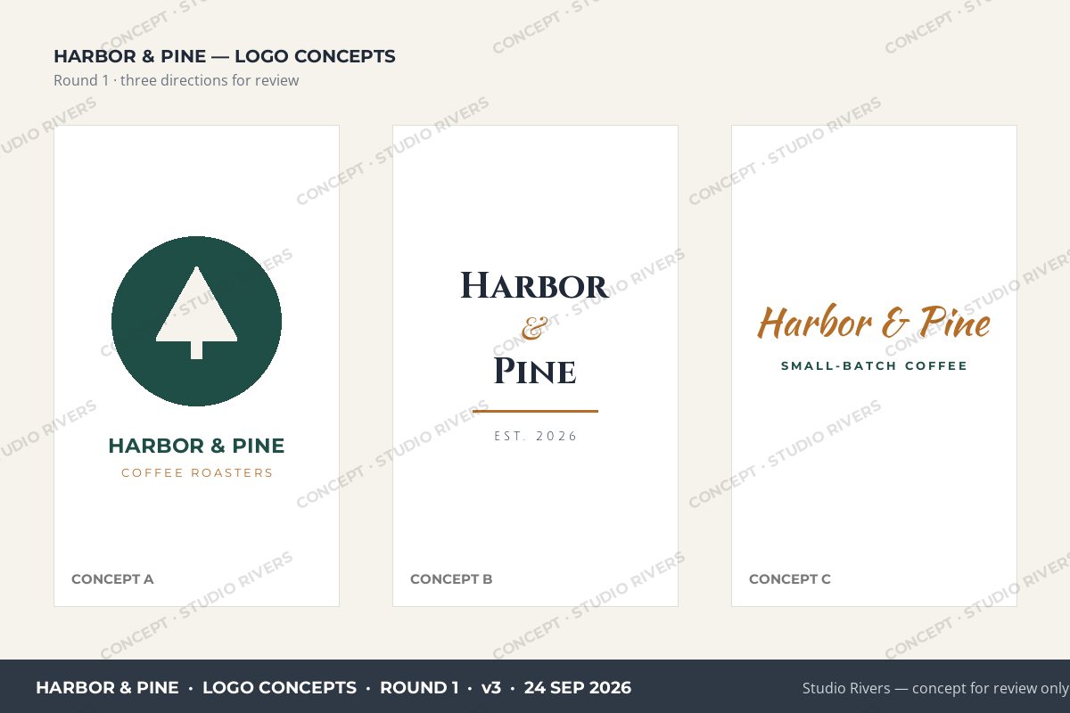 The concept board with a dark strip along the bottom reading Harbor & Pine, Logo Concepts, Round 1, v3, 24 Sep 2026