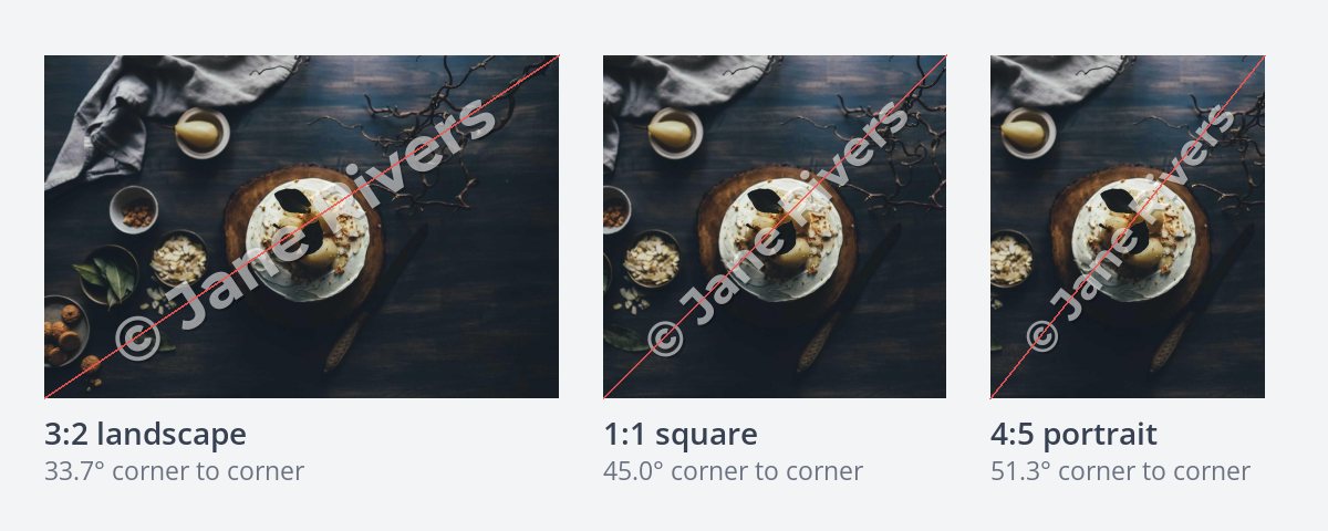 Three crops of the same photo — landscape, square and portrait — each with a watermark from corner to corner and a red guide line, labeled 33.7, 45.0 and 51.3 degrees