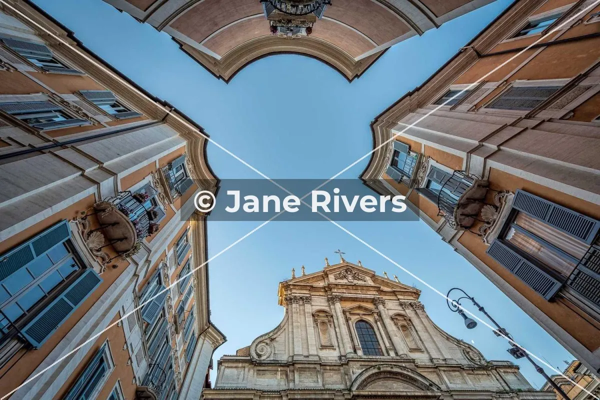 The same buildings with two thin lines crossing from corner to corner and a small horizontal watermark in the center