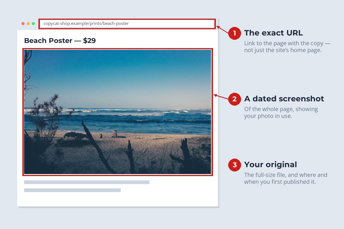 A browser window showing a copied beach photo for sale, with the URL, the page and the photo highlighted and numbered notes: the exact URL, a dated screenshot, your original