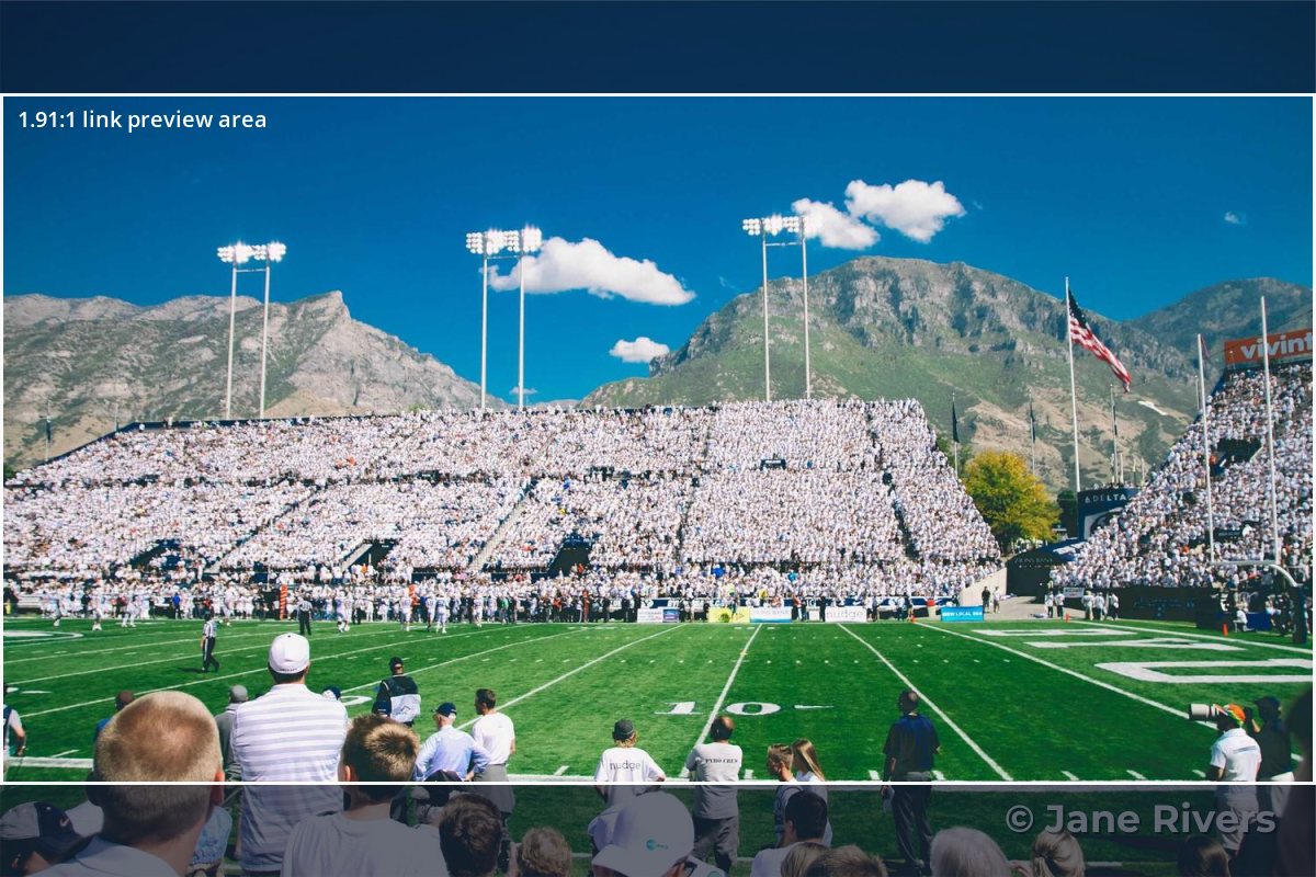 A stadium photo with the 1.91:1 preview area outlined and a corner watermark sitting in the cropped-off strip at the bottom