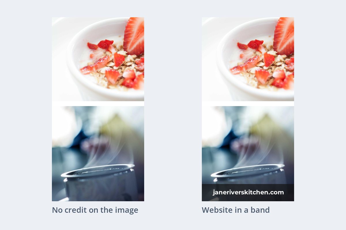 Two tall recipe collages side by side, one without any credit and one with the website address in a dark band at the bottom