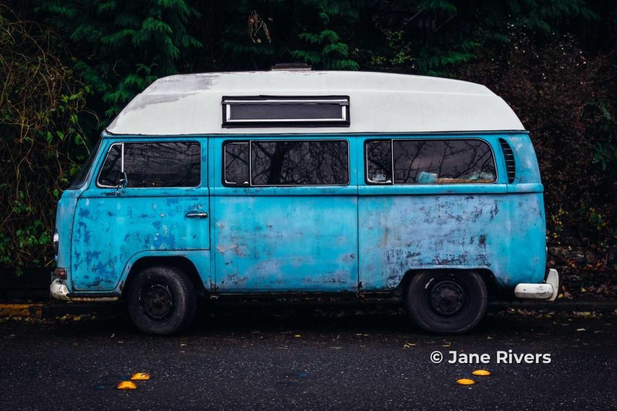 The camper van with a small © Jane Rivers credit in the lower right, inside the frame