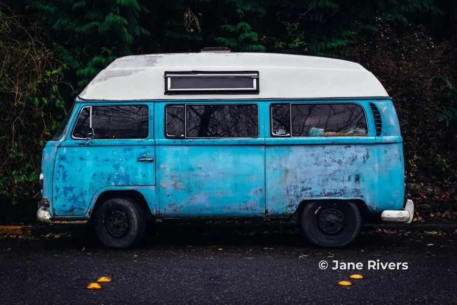 The camper van with a small © Jane Rivers credit in the lower right, inside the frame