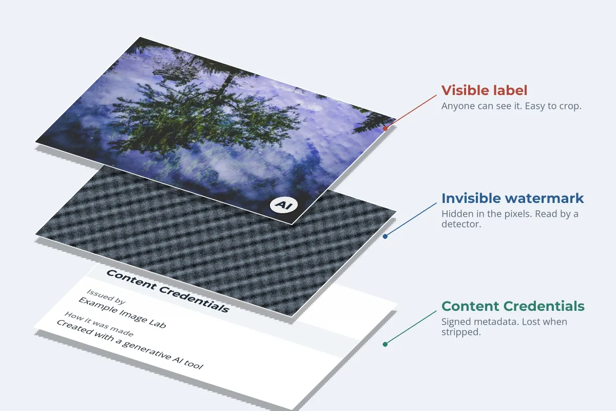An exploded diagram of three stacked layers: a picture with a small round AI badge, a gray noise pattern standing for an invisible watermark, and a white Content Credentials card, labeled visible label, invisible watermark and Content Credentials