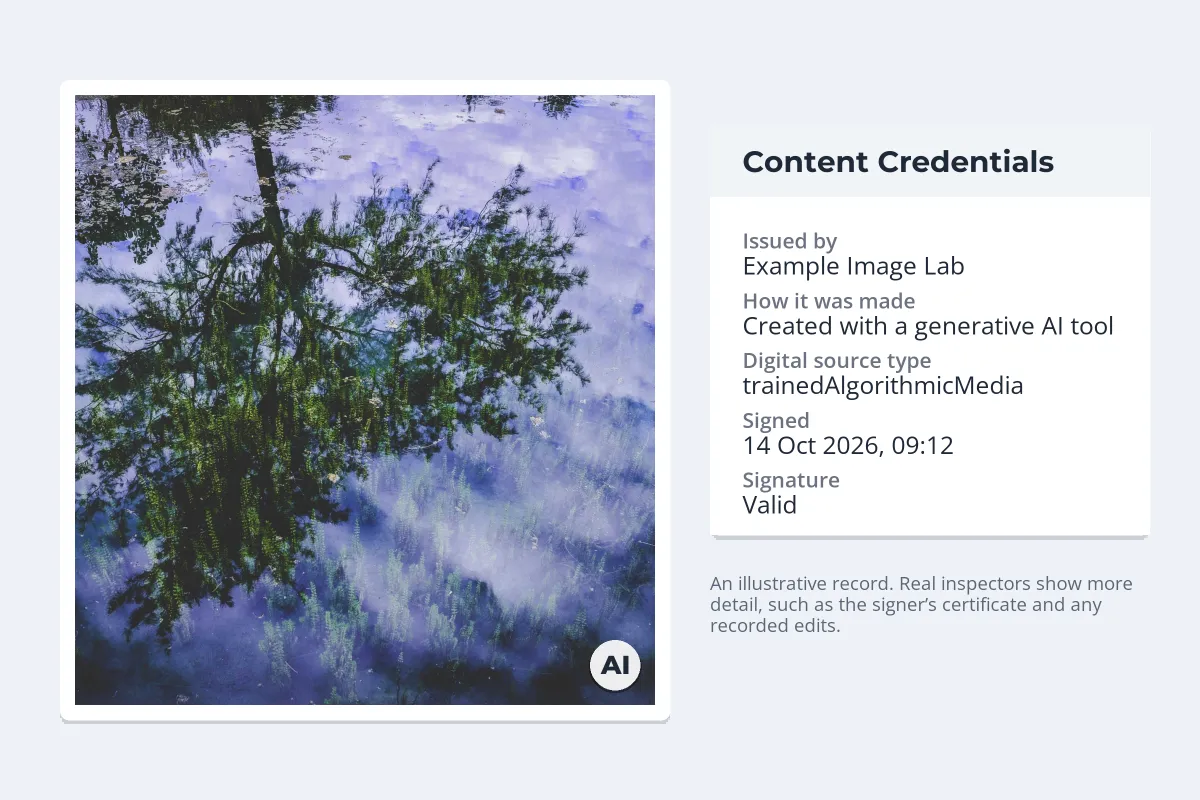 An image with a small AI badge next to a card titled Content Credentials listing Issued by Example Image Lab, Created with a generative AI tool, digital source type trainedAlgorithmicMedia, a signing date and a valid signature