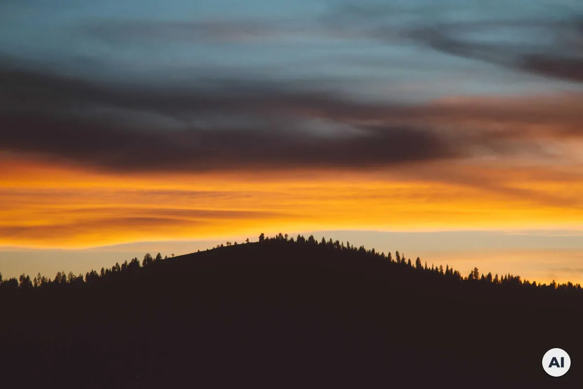 A forested hill silhouetted against an orange and blue sunset sky, with a small round badge reading AI in the lower right corner